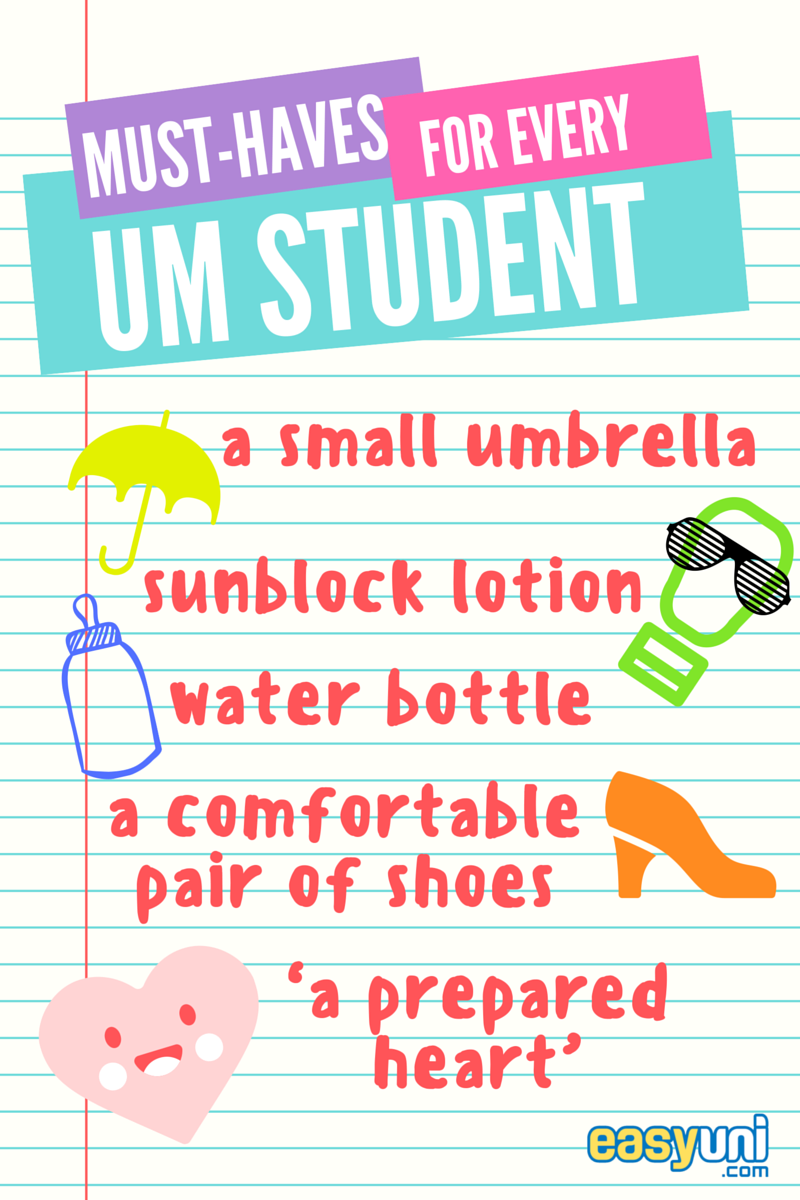 Must-haves, must haves, list, University of Malaya, UM, umbrella, water, shoes, sunblock, heart
